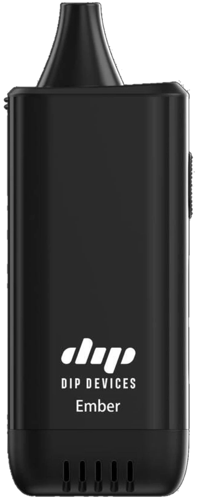 Ember handheld device in black — pocket-sized flameless device with a USB-C port and an ignition button
